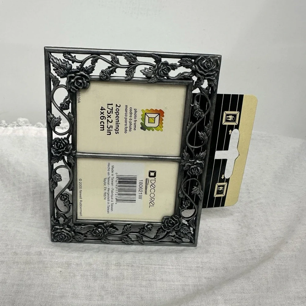 Double Ornate Picture Frame Metal Antiqued Silver Rose Floral Tabletop 1.75x2.5